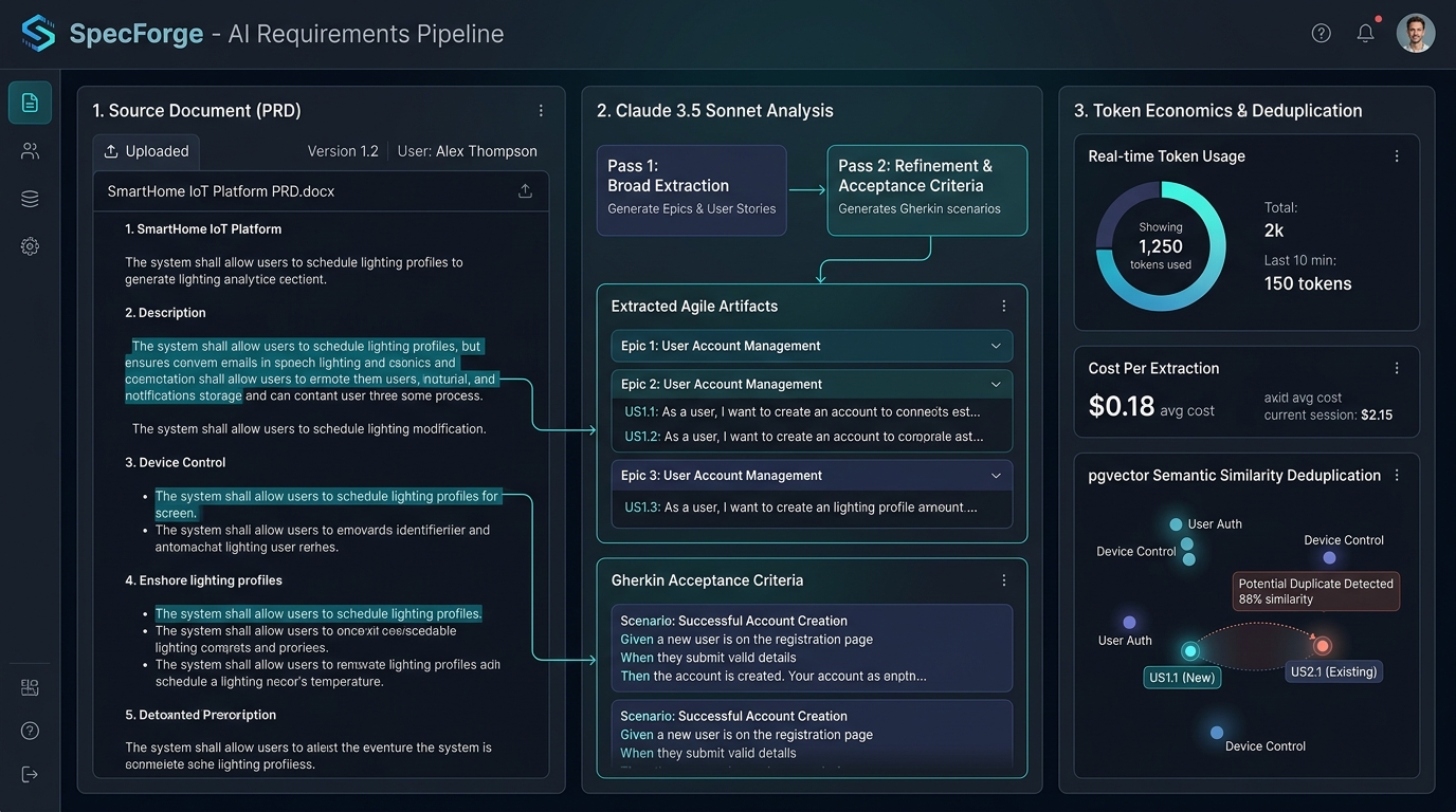 Building SpecForge: Two-Pass Claude 3.5 Extraction Pipeline, pgvector Deduplication & Real-Time Token Economics Cover